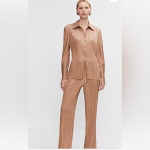 NEW MANGO MNG TAN BEIGE PLEATED SATIN CO ORD SET SZ M PANTS AND SHIRT